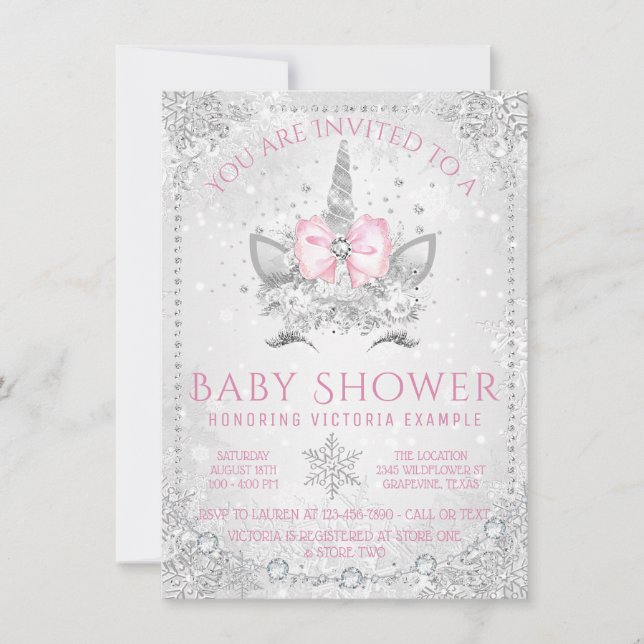 Invitation Winter Wonderland Snowflake Unicorn Baby shower (Devant)