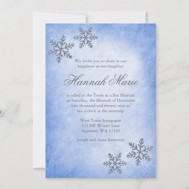 Invitation Winter Wonderland Snowflakes Bat mitzvah bleu (Devant)