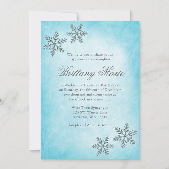 Invitation Winter Wonderland Snowflakes Bat mitzvah Turquoise (Devant)