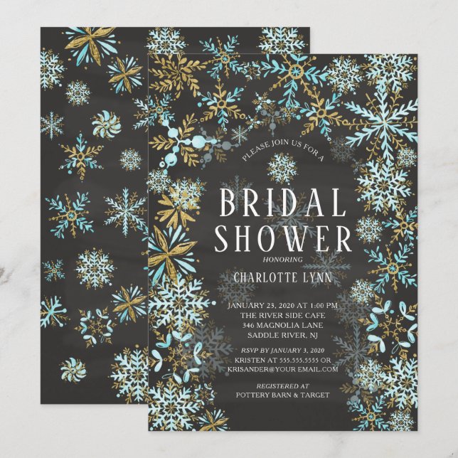 Invitation Winter Wonderland Snowflakes Fête des mariées (Devant / Derrière)