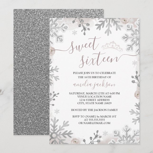 Invitation Winter Wonderland Sweet sixteen Blush Silver (Devant / Derrière)