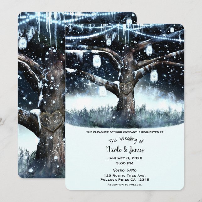 Invitation Winter Wonderland Tree Lights & Mason Jars Mariage (Devant / Derrière)