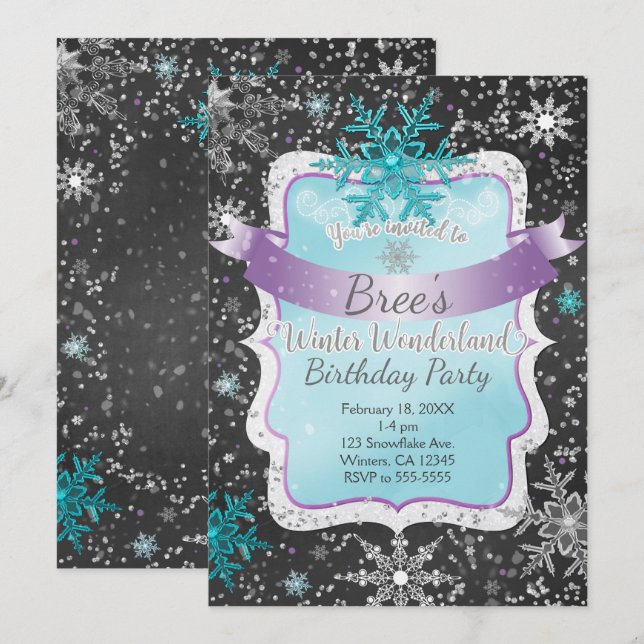 Invitation Winter Wonderland Turquoise Anniversaire Fête Invi (Devant / Derrière)