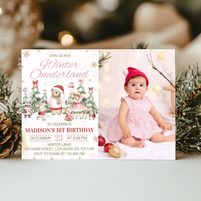 Invitation Winter Woodland Onederland Girl Birthday Photo (Créateur téléchargé)