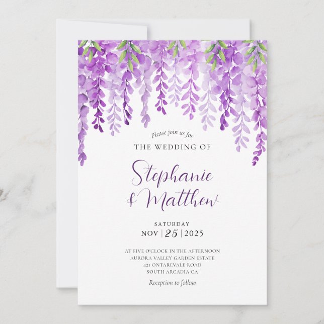 Invitation Wisteria Aquarelle violet Mariage botanique (Devant)