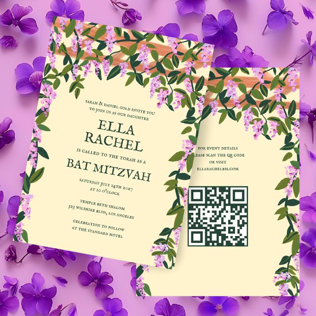 Invitation Wisteria Custom B'nai Bat Bar Mitzvah QR Code (Wisteria Flowers Custom B'nai Bat Bar Mitzvah QR Code Jewish Invitation
)