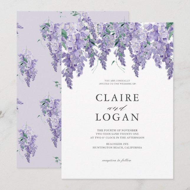 Invitation Wisteria Dusty Purple Mariage d'aquarelle (Devant / Derrière)
