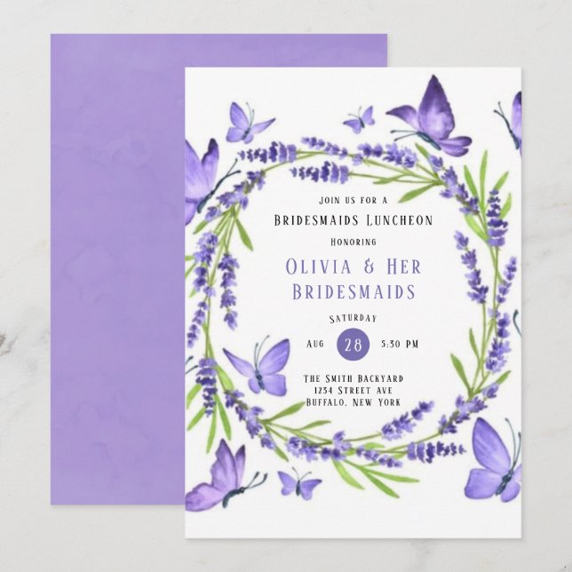 Invitation Wisteria & Papillons Bridesmaiers Déjeuner (Devant / Derrière)