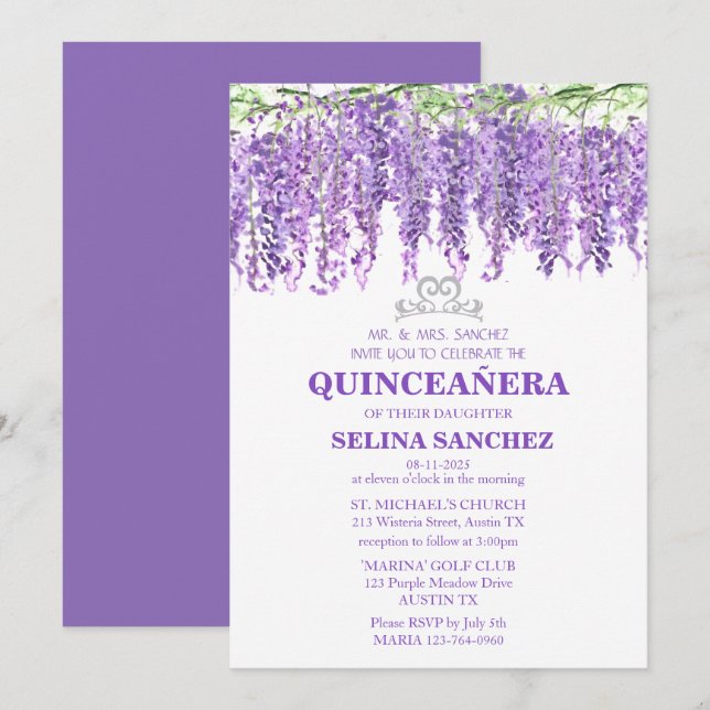 Invitation Wisteria Quinceanera Floral pourpre 15e anniversai (Devant / Derrière)