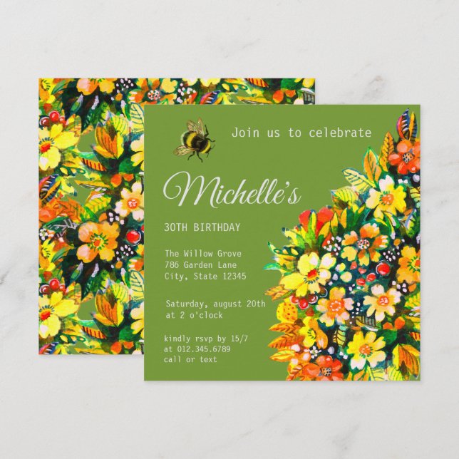 Invitation with happy flowers and bee (Front/Back)