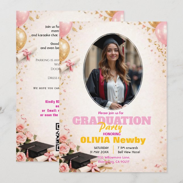 Invitation 🎓With QR code Pink &  Balloon Glow Graduation (Devant / Derrière)