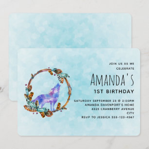 Invitation Wolf aquarelle avec un style boho Wreath Anniversa