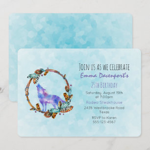 Invitation Wolf aquarelle avec un style boho Wreath Anniversa