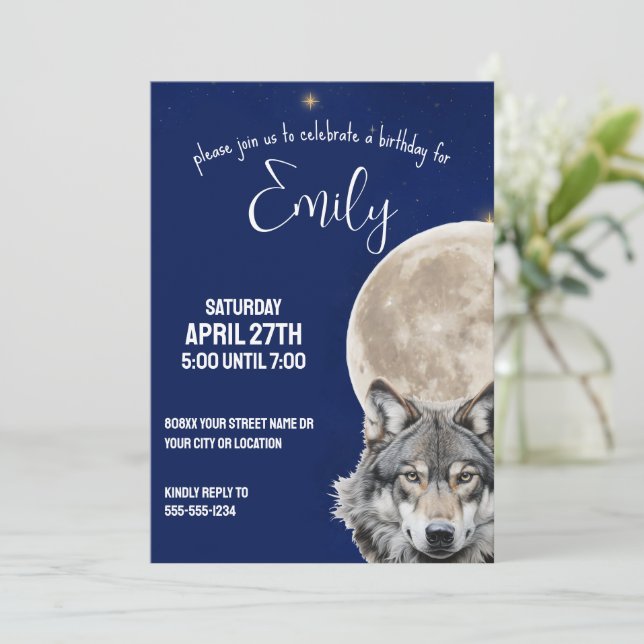 Invitation Wolf et Pleine lune dans Starry Night Sky (Debout devant)