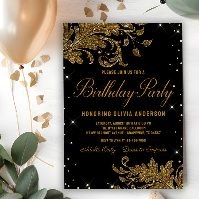Invitation Womans Black Gold Swirl Anniversaire Fête Invitati (Elegant black and gold any number birthday party invitation. Simply add your event details.)