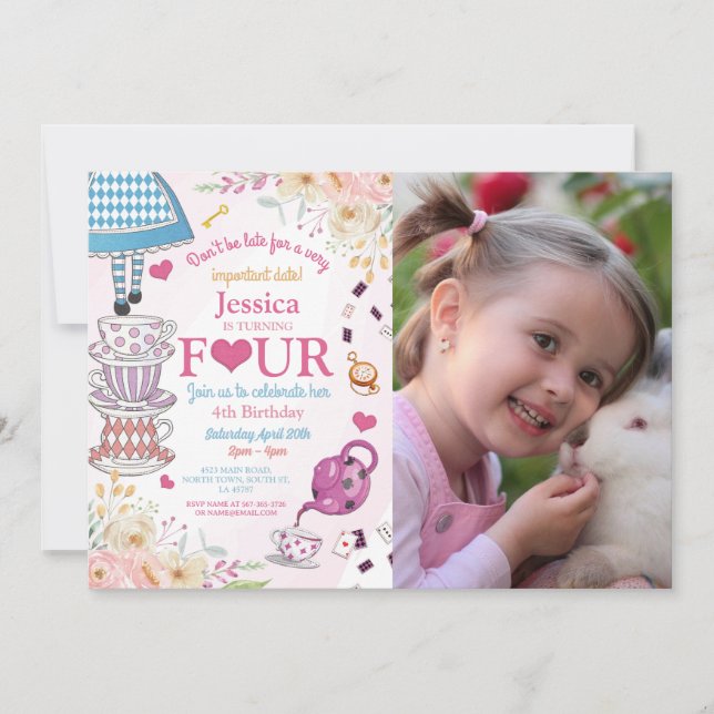 Invitation Wonderland Anniversaire 4ème Tea Party Quatre fill (Devant)