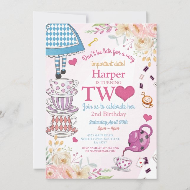 Invitation Wonderland Birthday Two Tea Party 2nd Girls (Devant)