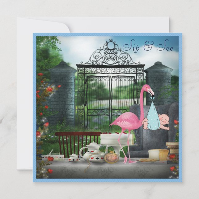 Invitation Wonderland Flamant rose Sip & See Boy Baby shower (Devant)