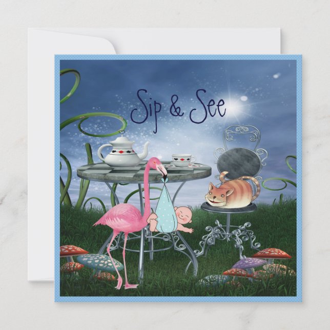 Invitation Wonderland Flamant rose Sip & See Boy Baby shower (Devant)