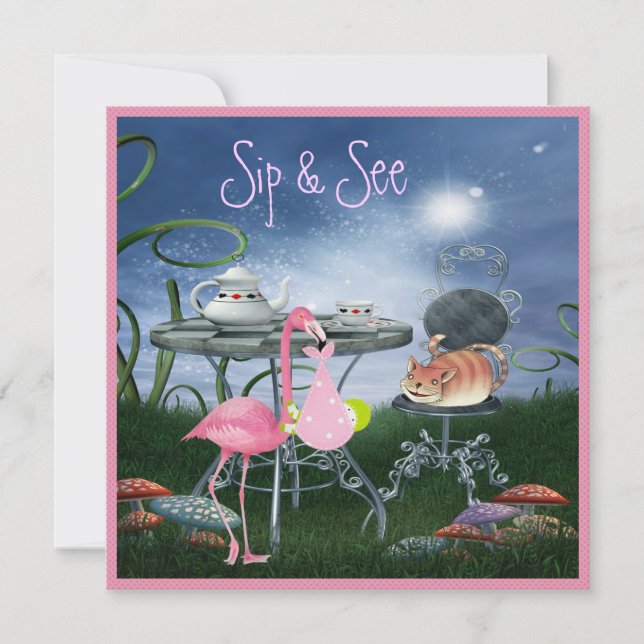 Invitation Wonderland Flamant rose Sip & See Girl Baby shower (Devant)