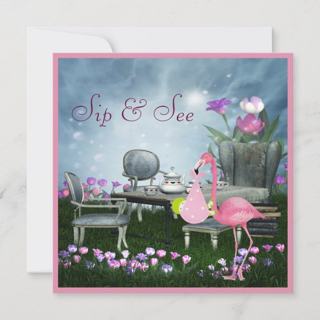 Invitation Wonderland Flamant rose Sip & See Girl Baby shower (Devant)