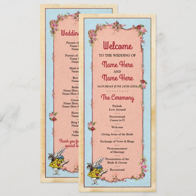 Invitation Wonderland Rabbit Floral Wedding Détails du progra (Devant / Derrière)