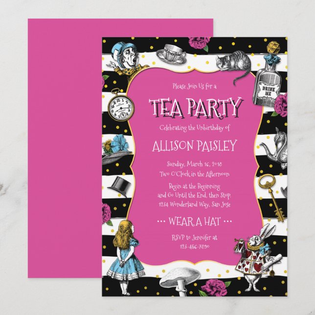Invitation Wonderland Tea Party Hot Pink (Devant / Derrière)