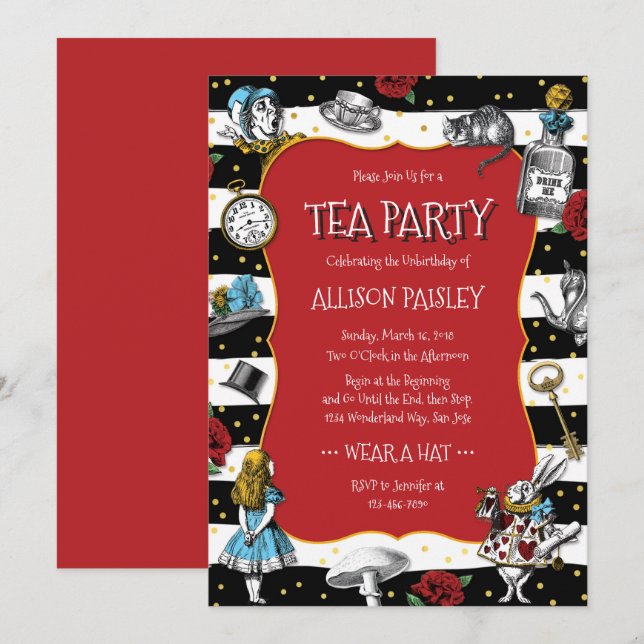 Invitation Wonderland Tea Party Whimsical Rouge (Devant / Derrière)