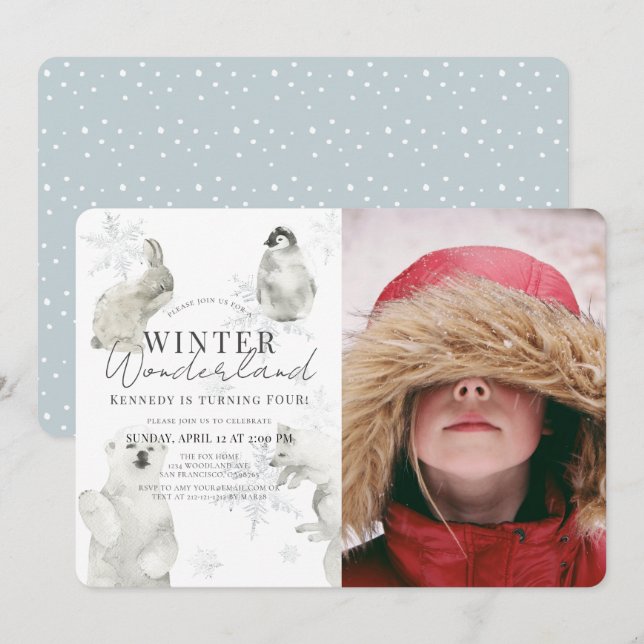 Invitation Wonderland Winter Arctic Animaux Boy Anniversaire (Devant / Derrière)