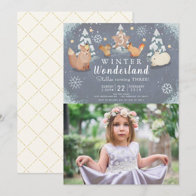 Invitation Wonderland Woodland Animaux Photo Anniversaire (Devant / Derrière)