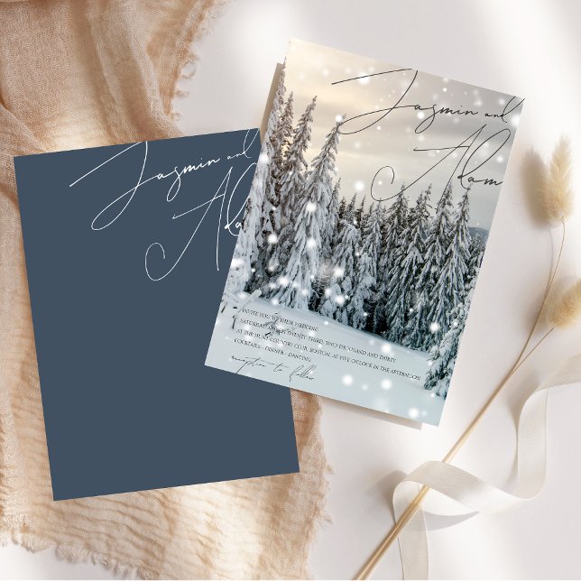 Invitation Wonderland Woodland Mariage de script de neige (Winter Wonderland Woodland Snow Script Wedding Invitation)