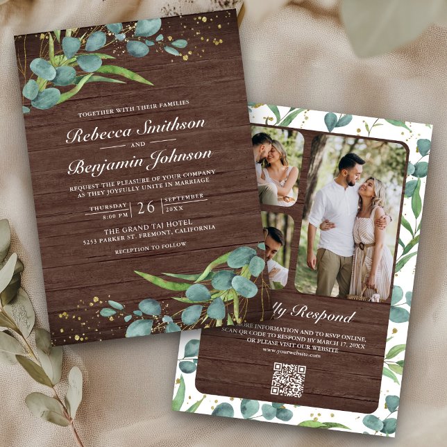 Invitation Wood Eucalyptus Photo Collage QR Code Wedding (Créateur téléchargé)