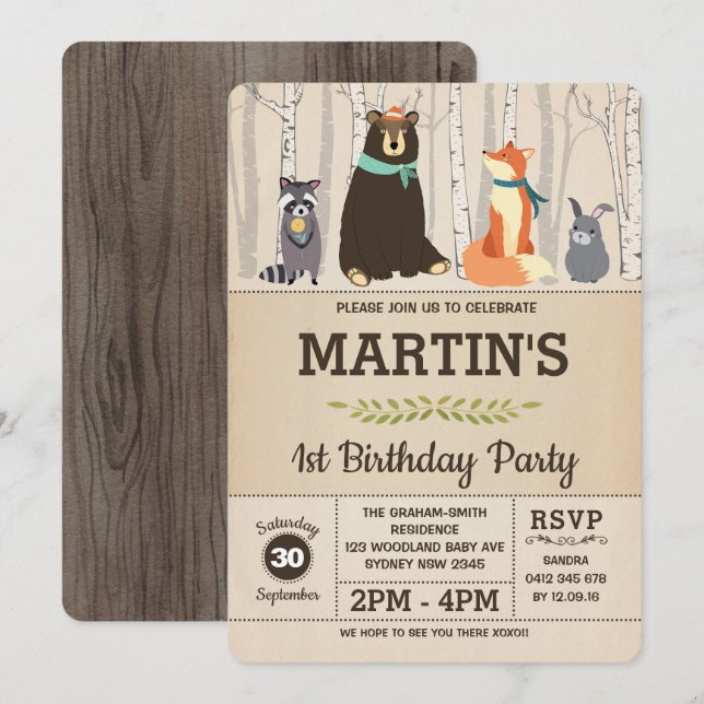 Invitation Woodland 1er anniversaire Baby Animals Forest Part (Devant / Derrière)
