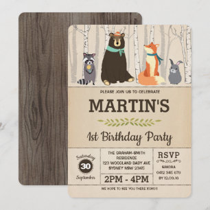 Invitation Woodland 1er anniversaire Baby Animals Forest Part