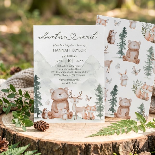 Invitation Woodland Animals Adventure Awaits Baby Shower (Créateur téléchargé)