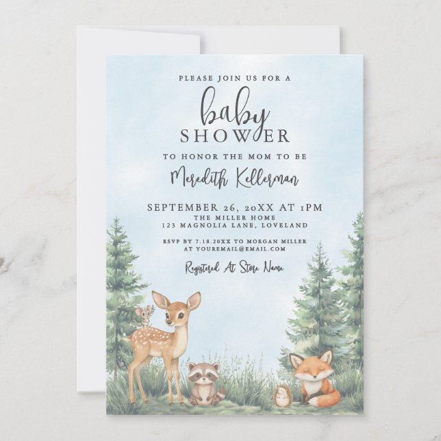 Invitation Woodland Animals Adventure Baby Shower (Devant)