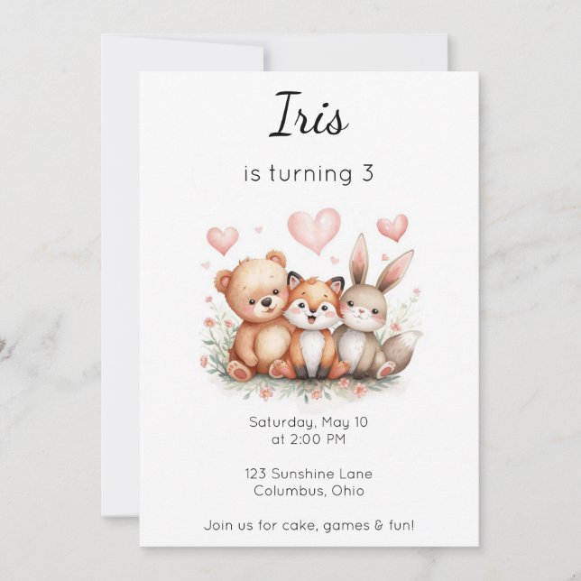Invitation Woodland Animals Birthday Bear Fox Bunny Floral (Devant)