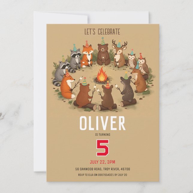 Invitation Woodland Animals Campfire Birthday Party (Devant)