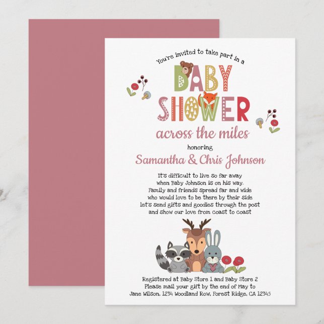 Invitation Woodland Animals Girl Baby shower par la poste (Devant / Derrière)