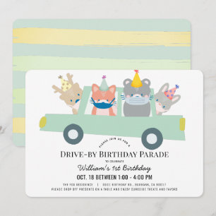 Invitation Woodland Animals Green Car à l'anniversaire