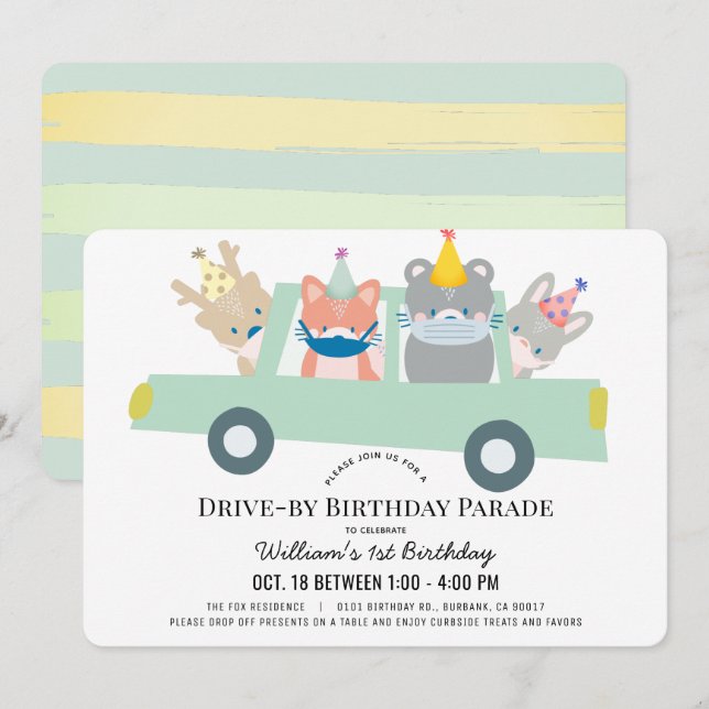 Invitation Woodland Animals Green Voiture à l'anniversaire (Devant / Derrière)