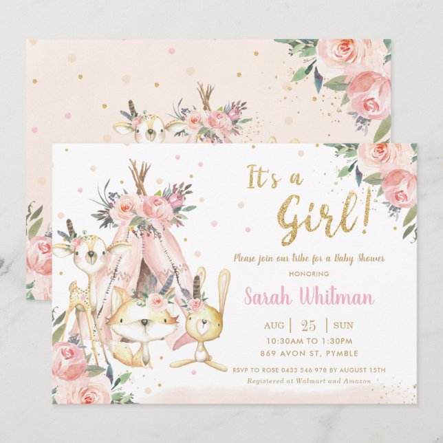 Invitation Woodland Animals Tribal C'est un Baby shower de fi (Devant / Derrière)