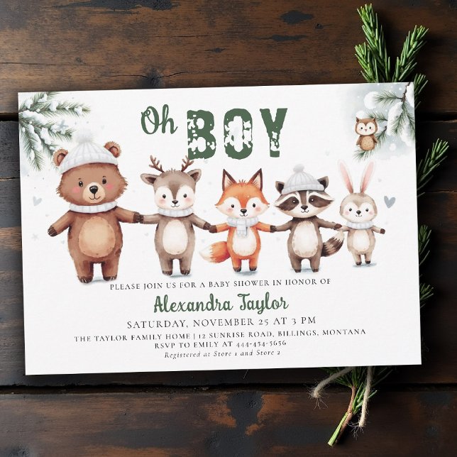 Invitation Woodland Animals Winter Green Oh Boy Baby Shower (winter baby shower invitation oh boy woodland animals cute characters watercolor snow greenery)