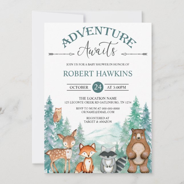 Invitation Woodland Animaux Aventure Await Baby shower Invi (Devant)