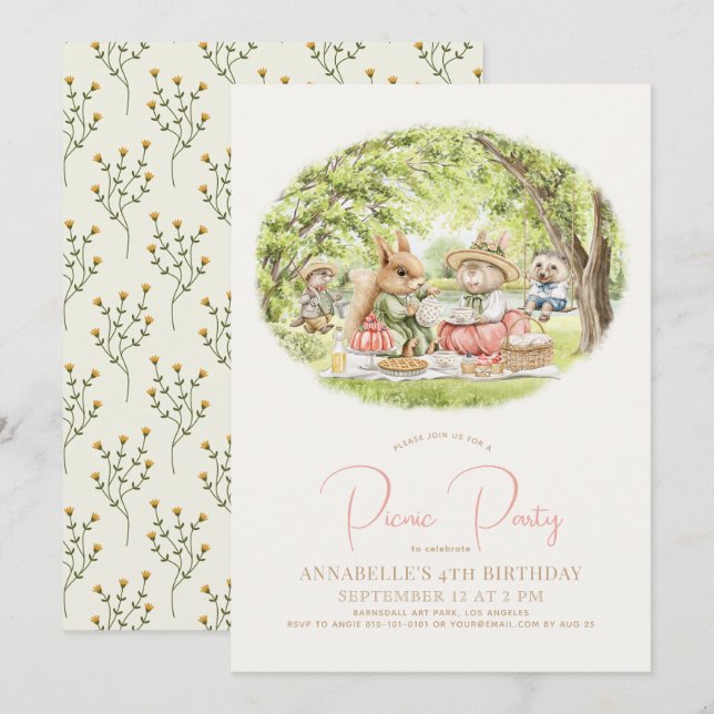 Invitation Woodland Animaux Pique-nique Fille Anniversaire (Devant / Derrière)