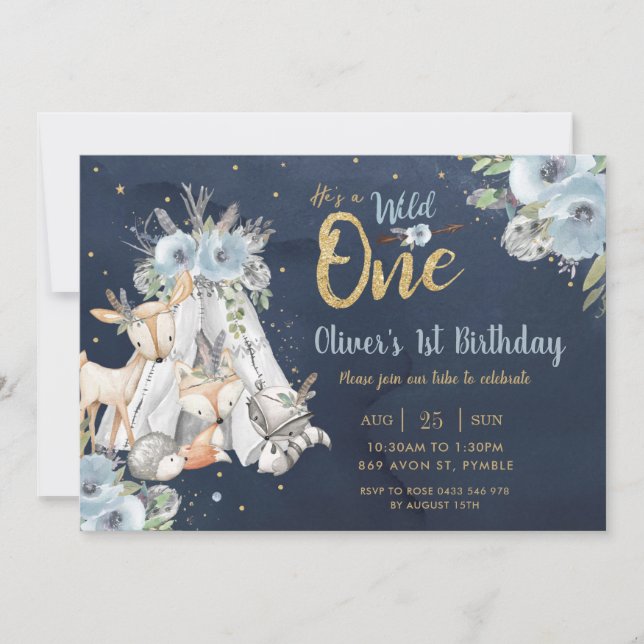 Invitation Woodland Animaux Tribal Navy Gold Un 1er anniversa (Devant)