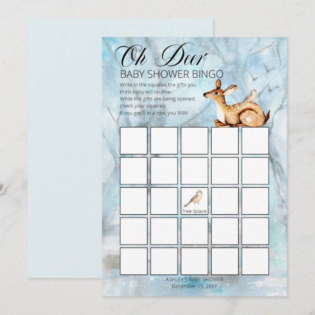 Invitation Woodland Animaux Winter Boy Baby shower Bingo Card (Devant / Derrière)
