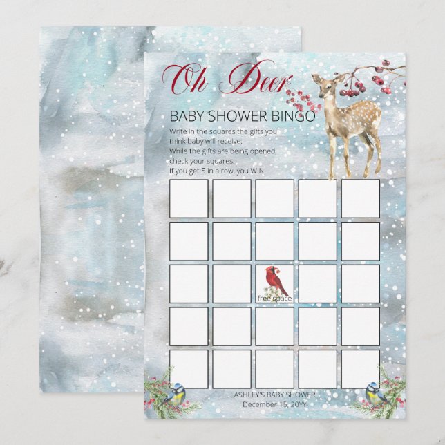 Invitation Woodland Animaux Winter Boy Baby shower Bingo Card (Devant / Derrière)