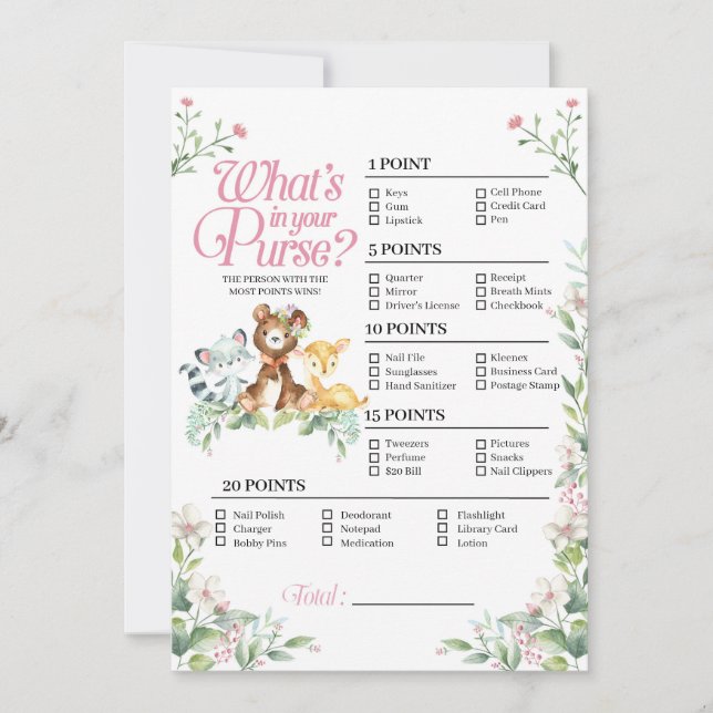 Invitation Woodland Baby shower What's In Your Purse Game (Devant)