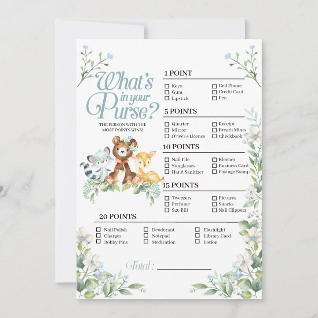 Invitation Woodland Baby shower What's In Your Purse Game (Devant)